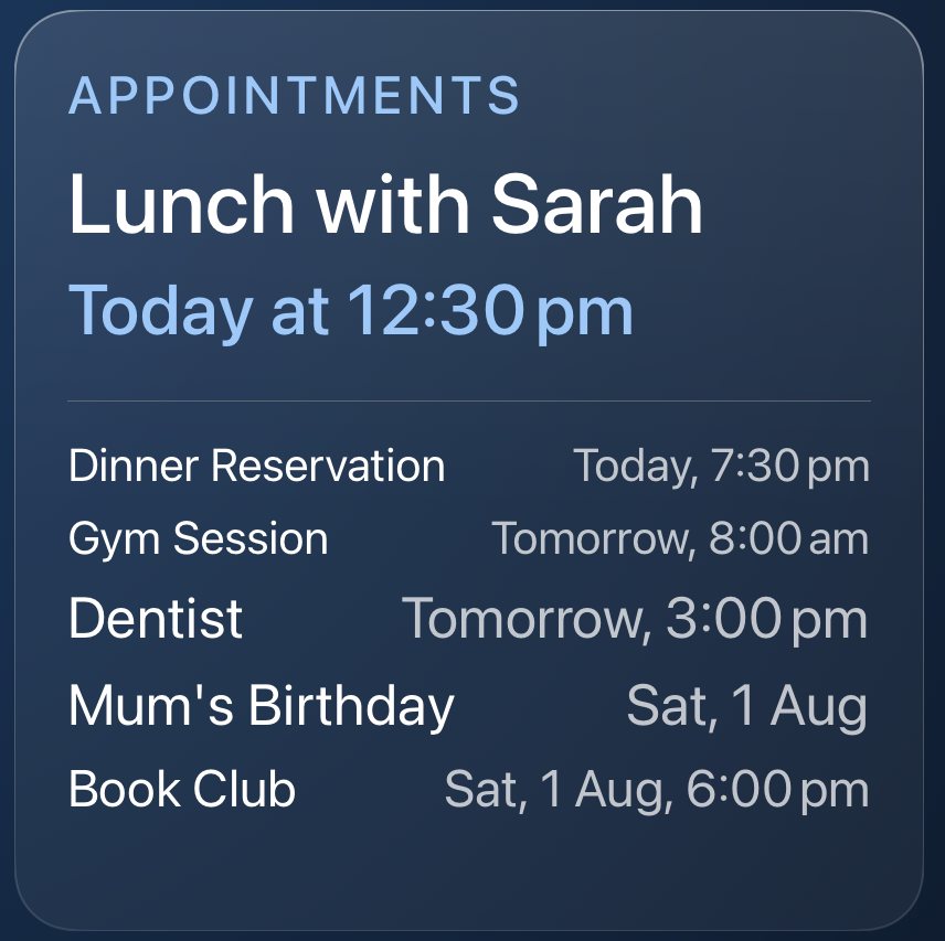 The Appointments card, showing Lunch with Sarah as the next appointment and a short list of other upcoming events