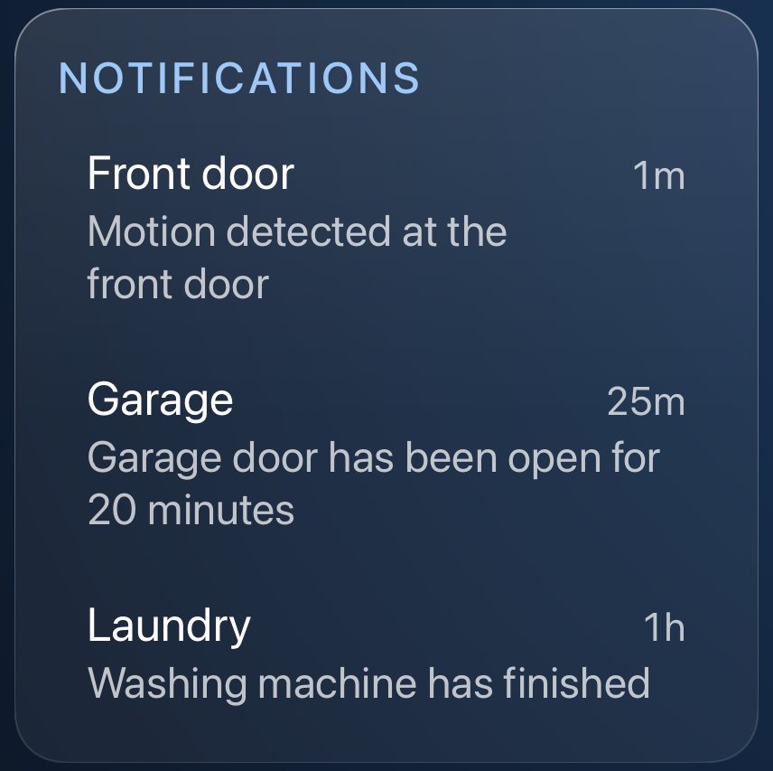 The Notifications card, listing three Home Assistant alerts: a front door motion alert, a garage door left open, and a finished laundry cycle