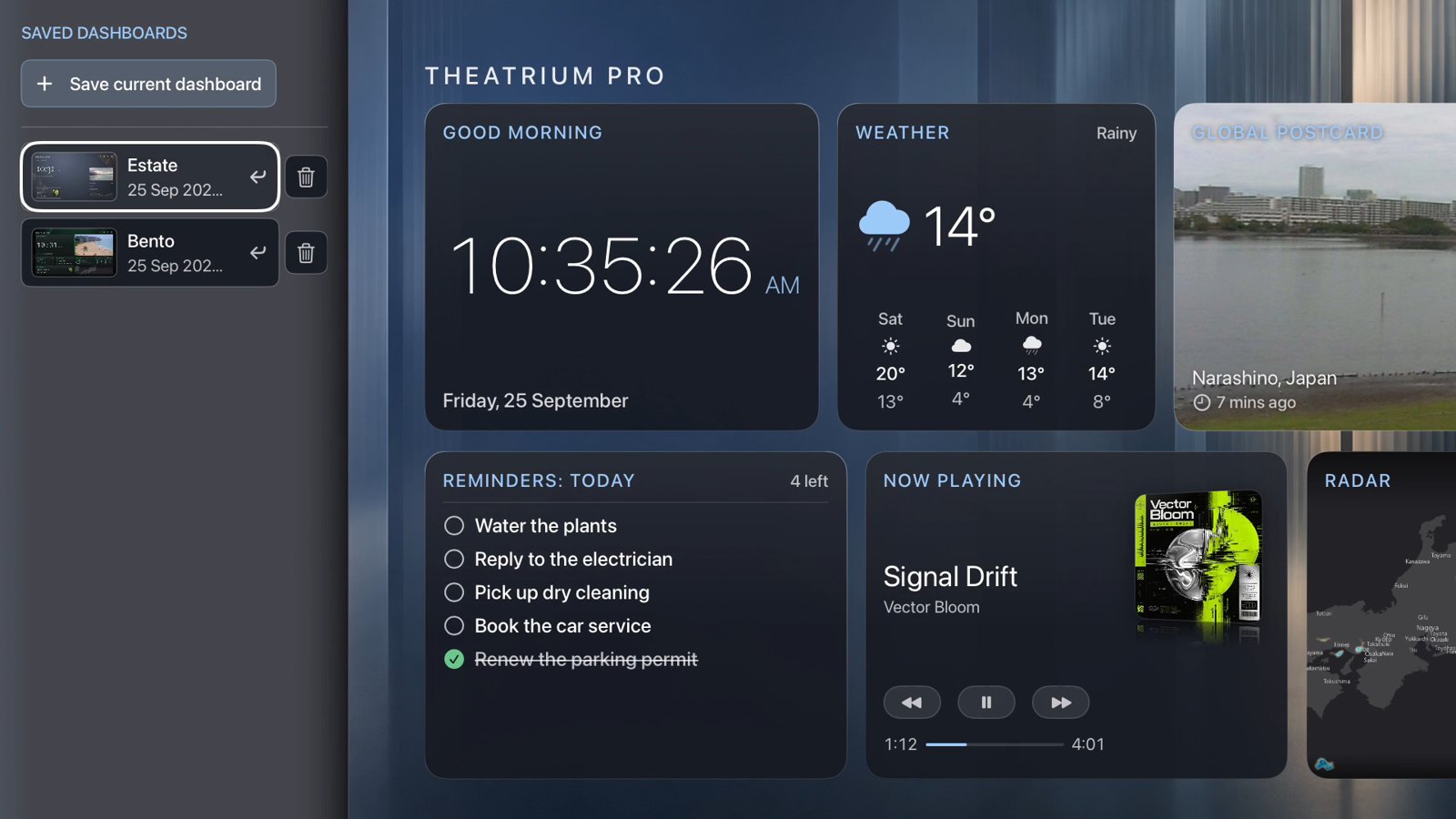 The Saved Dashboards drawer open at the left edge of an Estate dashboard, with an explainer for saving the current layout