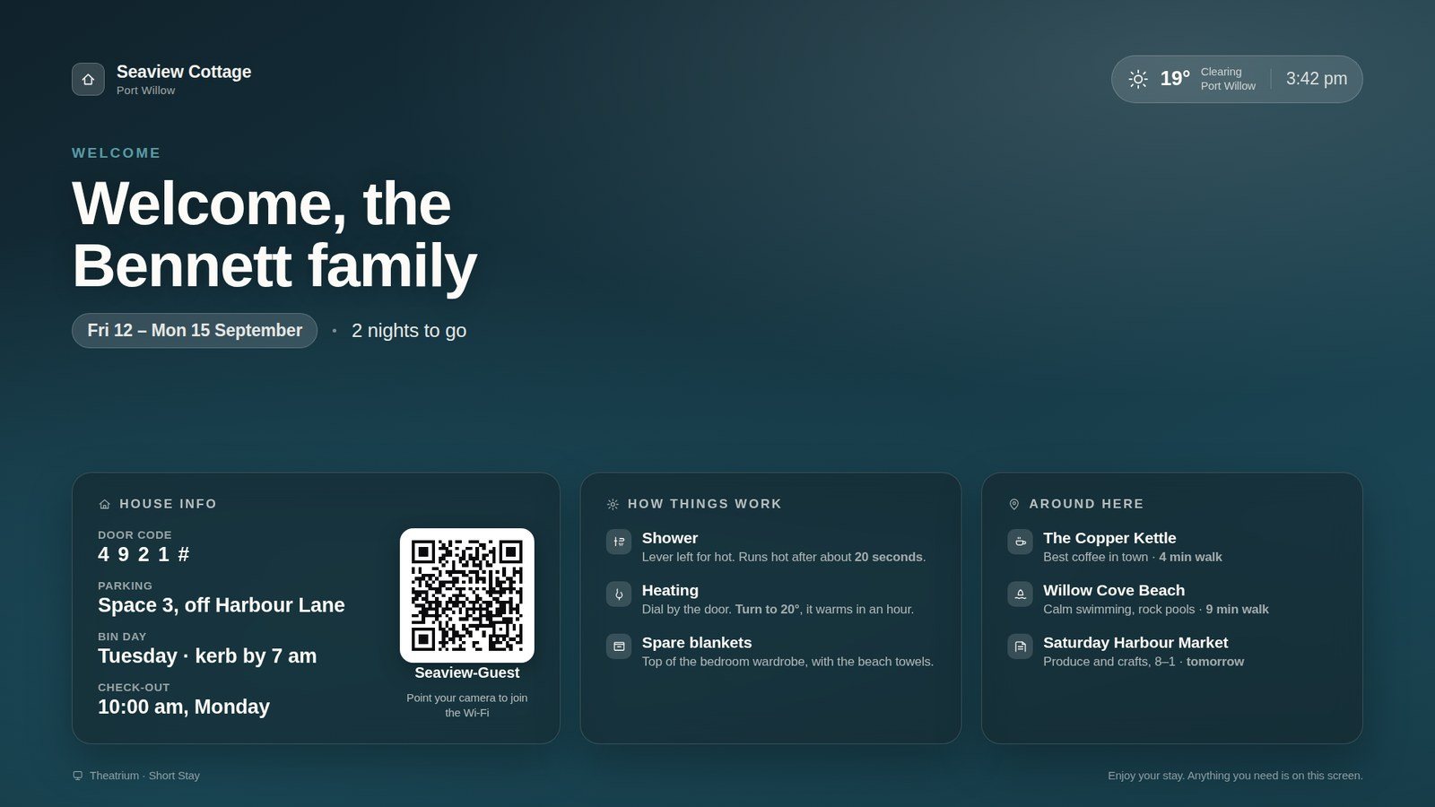 The Short Stay guest screen, welcoming the Bennett family with house info, how things work, and what's nearby