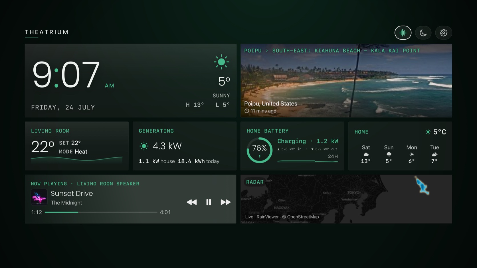 Theatrium Bento dashboard with a live webcam and weather radar