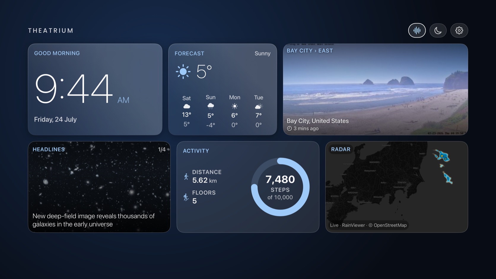 Theatrium Glass dashboard on an Apple TV