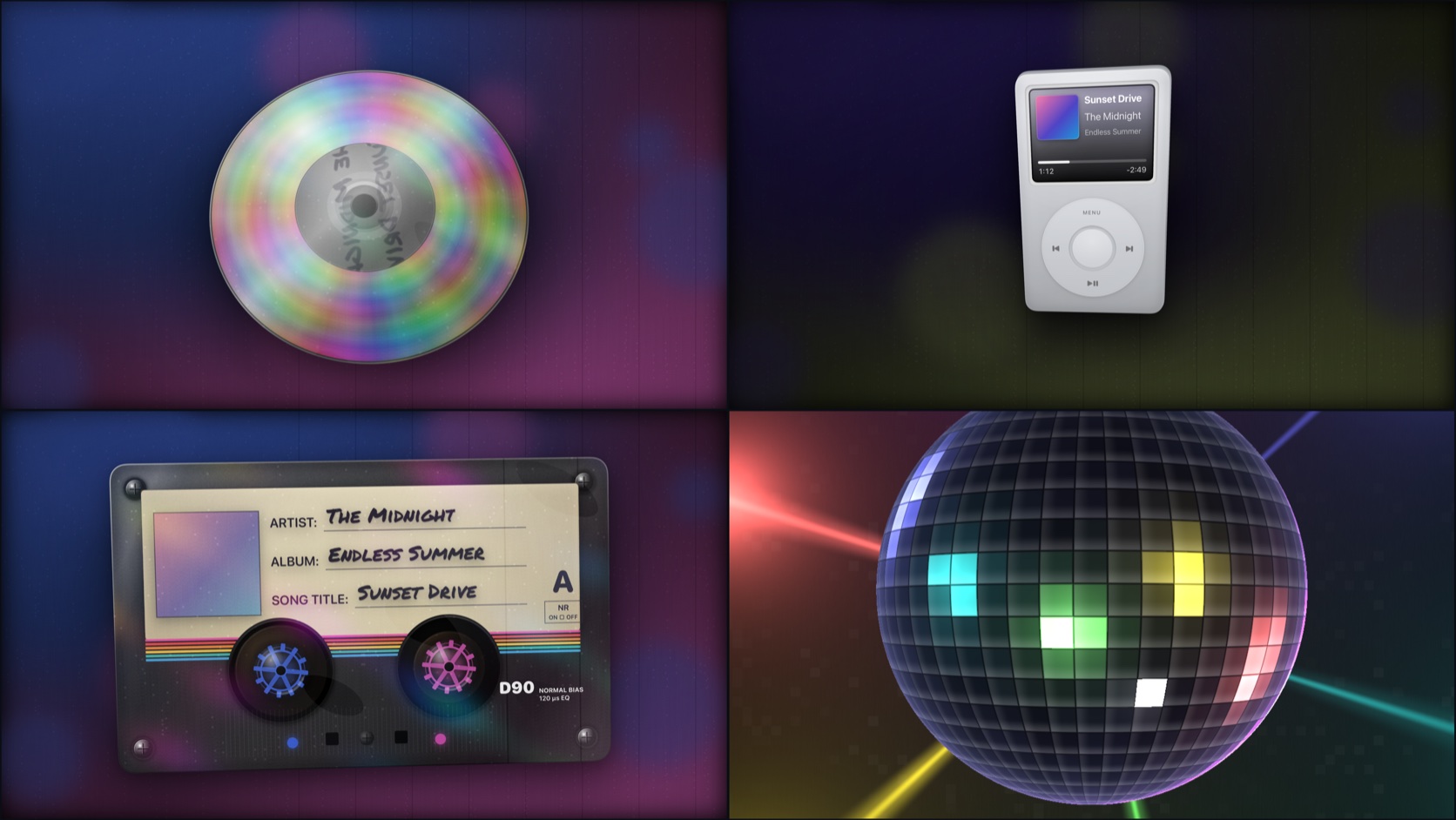 Theatrium’s four retro visualisers: a 3D Compact Disc, a click-wheel iPod, a Mixtape cassette and a Mirrorball