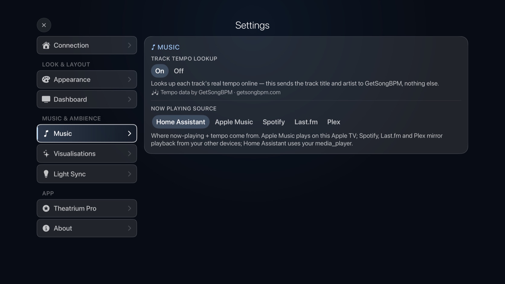 Theatrium music settings: Apple Music, Spotify, Last.fm and Plex sources