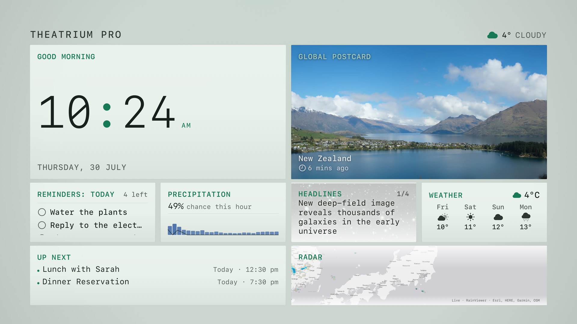 Bento dashboard in daylight: the clock and date, today’s reminders, the chance of rain, headlines, the weather, what’s next in the calendar, a live postcard and the rain radar