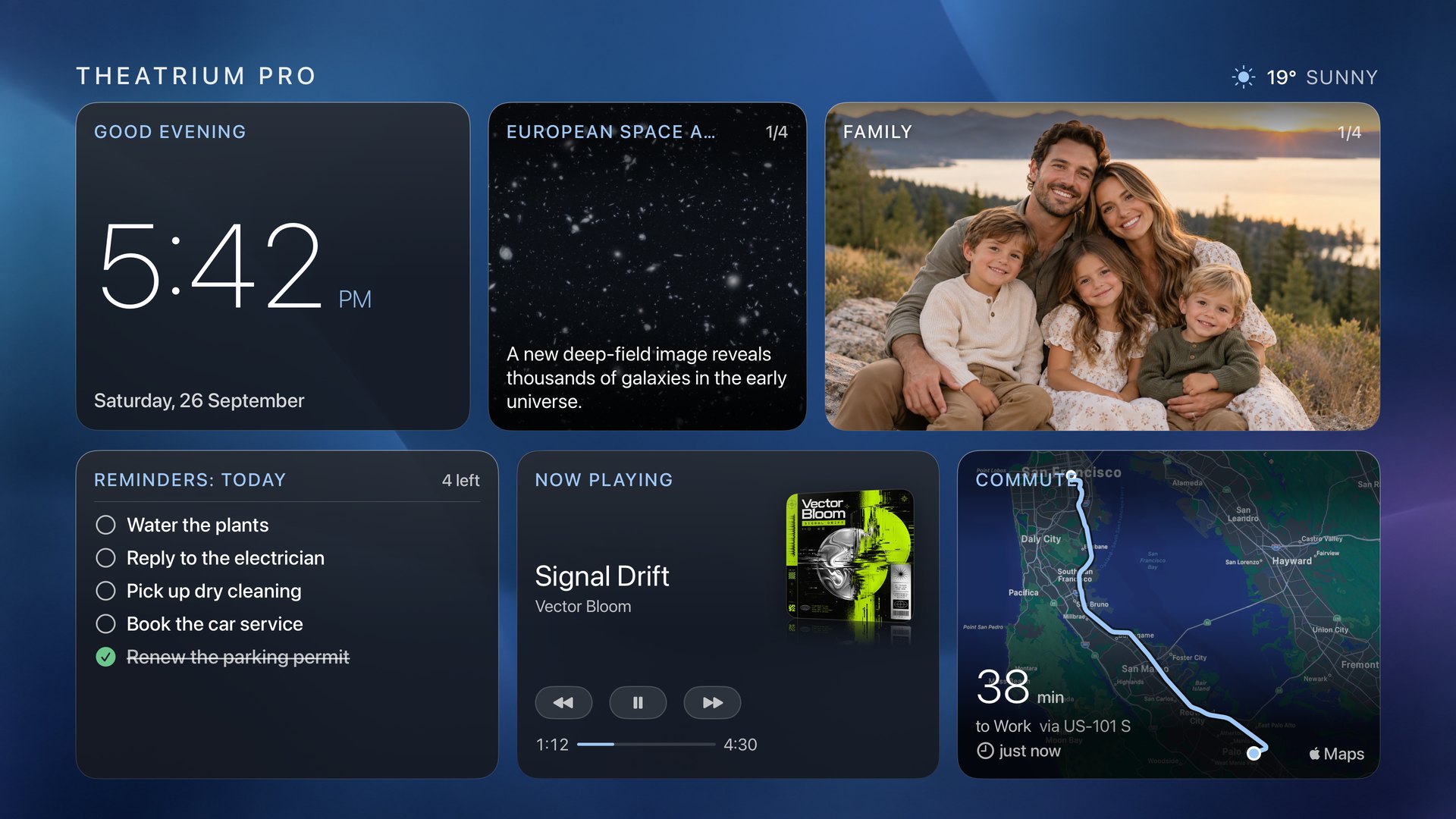 Glass dashboard over a deep blue background image: the clock, a Bluesky post, family photos, today’s reminders, what’s playing and the drive to work