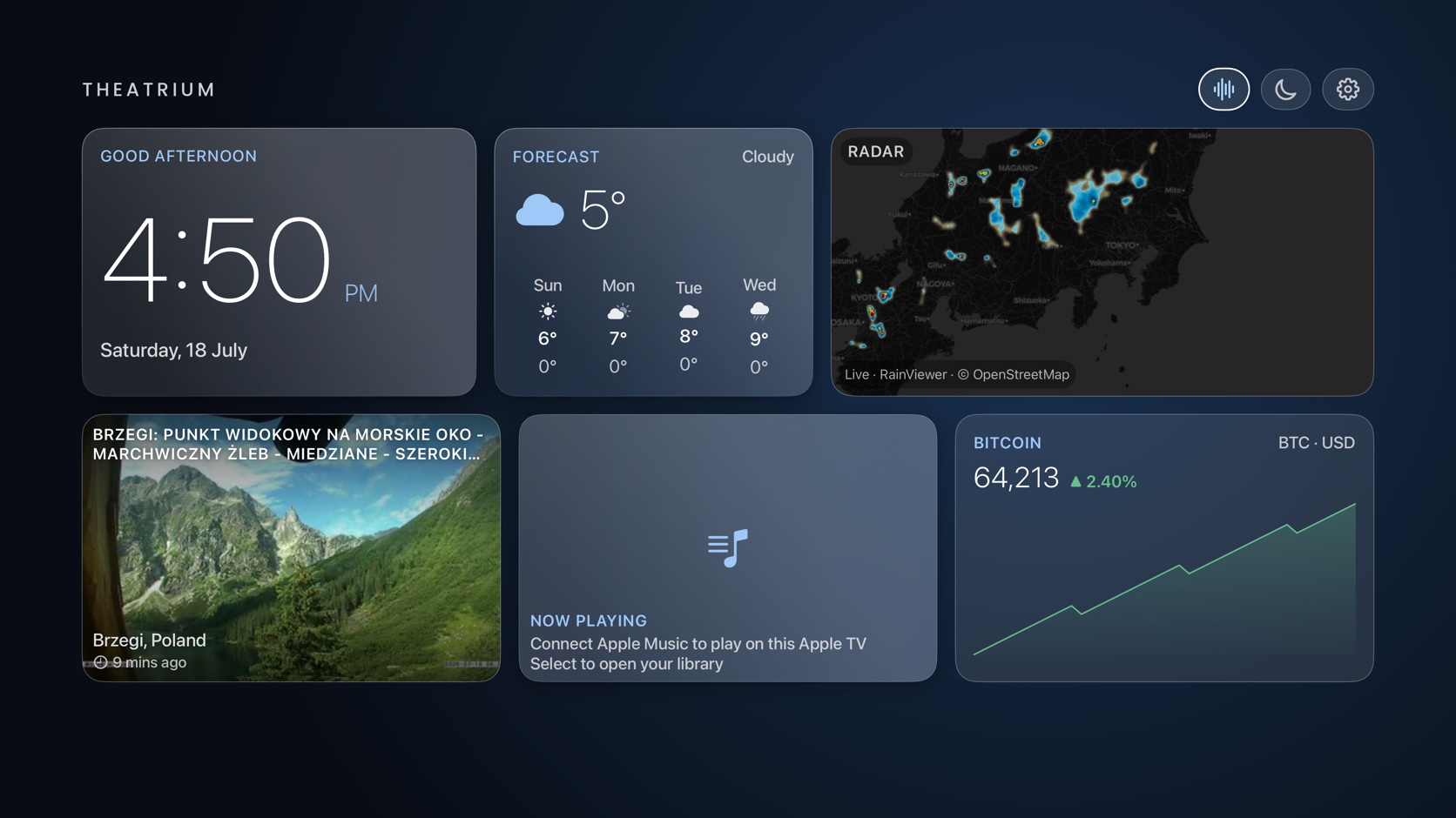 Theatrium in Apple TV only mode: weather, rain radar, a live webcam and a Bitcoin price card, no home server needed